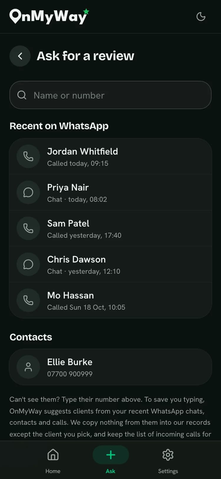 The Ask for a review screen: recent WhatsApp calls and chats to pick a client from