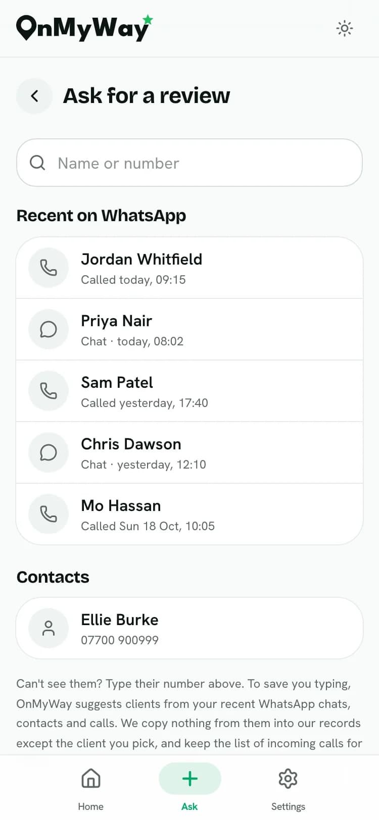 The Ask for a review screen: recent WhatsApp calls and chats to pick a client from