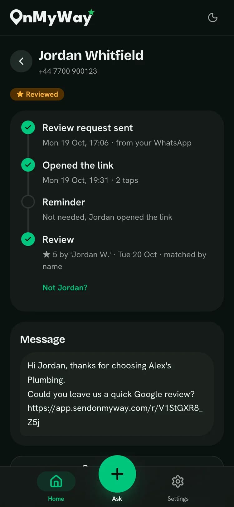 One review request: sent from WhatsApp, the link opened, no reminder needed, and the 5-star review matched to the client