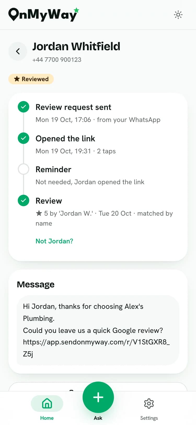 One review request: sent from WhatsApp, the link opened, no reminder needed, and the 5-star review matched to the client