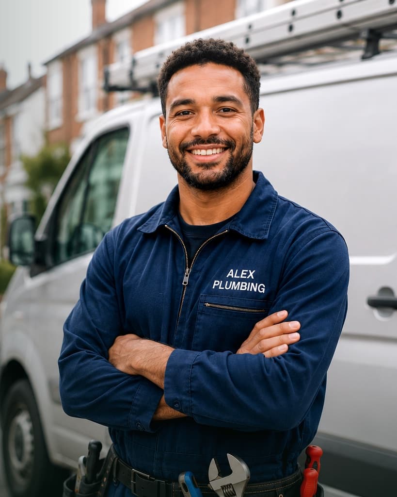 A tradesperson in branded overalls standing by their van